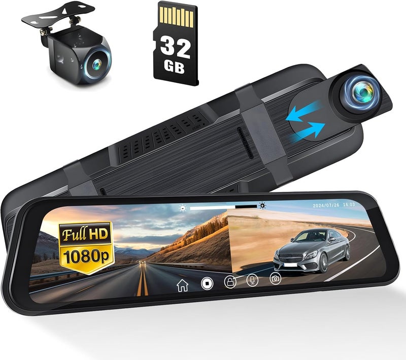 AMprime Mirror Dash Cam 9.66" 1080P Front and Rear View Dual Cameras Rear View Mirror Dash Cam with Night Vision,G-Sensor,Parking Assistance,24H Parking Monitor,HD Waterproof Backup Camera,Free 32GB Card - Image 1